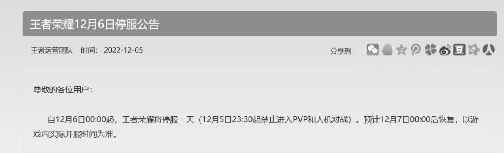 腾讯旗下《王者荣耀》和《英雄联盟》等多款游戏发布12月6日停服公告  